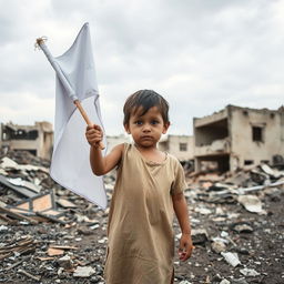 A young child holding a white flag, standing in the midst of destruction and rubble, with a somber expression on their face