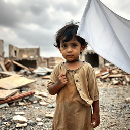 A young child holding a white flag, standing in the midst of destruction and rubble, with a somber expression on their face