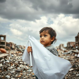 A child holding a white flag, gazing solemnly at destruction in the background