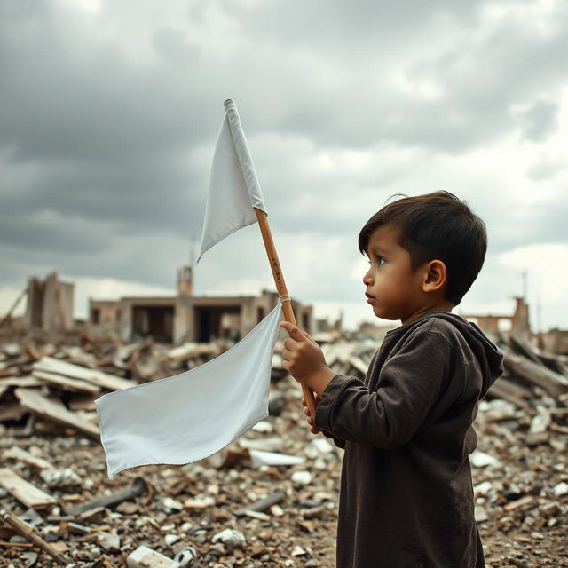 A child holding a white flag, gazing solemnly at destruction in the background