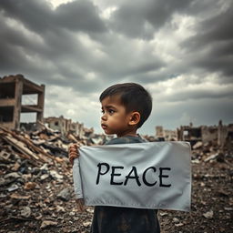 A child holding a white flag, gazing solemnly at destruction in the background