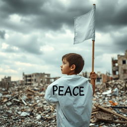 A child holding a white flag, gazing solemnly at destruction in the background