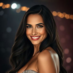 A stunning portrait of Gal Gadot featuring her long, flowing dark hair and radiant smile