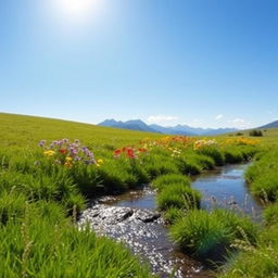 A serene outdoor scene showing a pristine landscape with a clear blue sky, soft green grass, and colorful wildflowers in full bloom