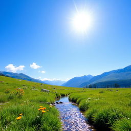 A serene outdoor scene showing a pristine landscape with a clear blue sky, soft green grass, and colorful wildflowers in full bloom