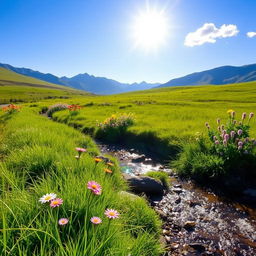 A serene outdoor scene showing a pristine landscape with a clear blue sky, soft green grass, and colorful wildflowers in full bloom