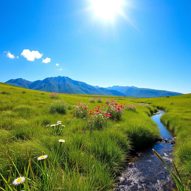 A serene outdoor scene showing a pristine landscape with a clear blue sky, soft green grass, and colorful wildflowers in full bloom