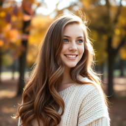 A portrait of a young woman with long, wavy brown hair and bright blue eyes