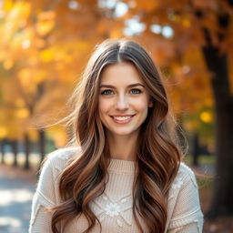 A portrait of a young woman with long, wavy brown hair and bright blue eyes