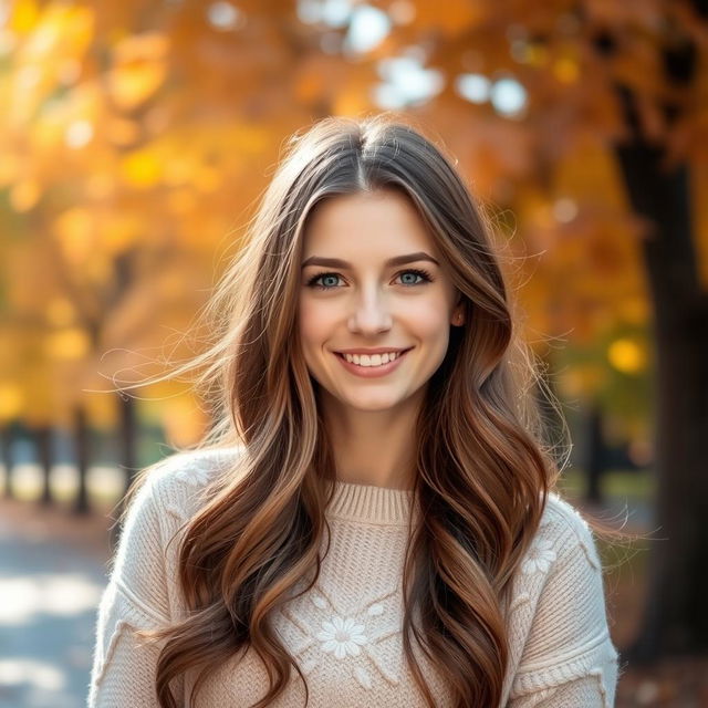 A portrait of a young woman with long, wavy brown hair and bright blue eyes