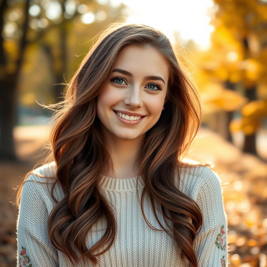 A portrait of a young woman with long, wavy brown hair and bright blue eyes