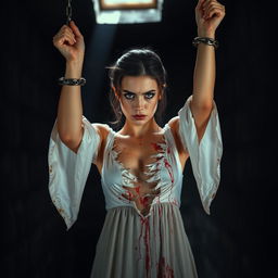 A young woman with an expression of despair, wearing a torn, bloodstained silky white dress, standing in a dark and oppressive torture chamber