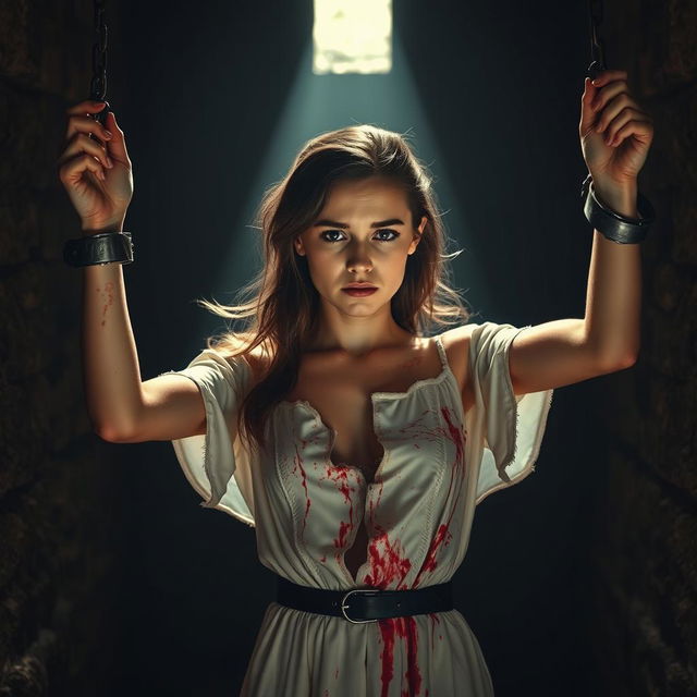 A young woman with an expression of despair, wearing a torn, bloodstained silky white dress, standing in a dark and oppressive torture chamber