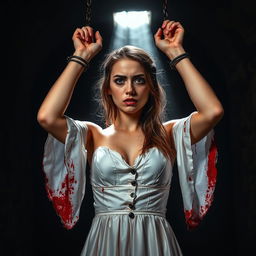 A young woman with an expression of despair, wearing a torn, bloodstained silky white dress, standing in a dark and oppressive torture chamber