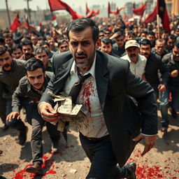 Bashar al-Assad fleeing in a chaotic scene, carrying stolen money, covered in blood