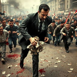 Bashar al-Assad fleeing in a chaotic scene, carrying stolen money, covered in blood