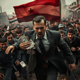 Bashar al-Assad fleeing in a chaotic scene, carrying stolen money, covered in blood