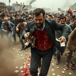 Bashar al-Assad fleeing in a chaotic scene, carrying stolen money, covered in blood