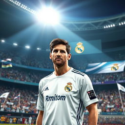 A digital artwork of Lionel Messi wearing a Real Madrid jersey, standing confidently on the pitch during a match