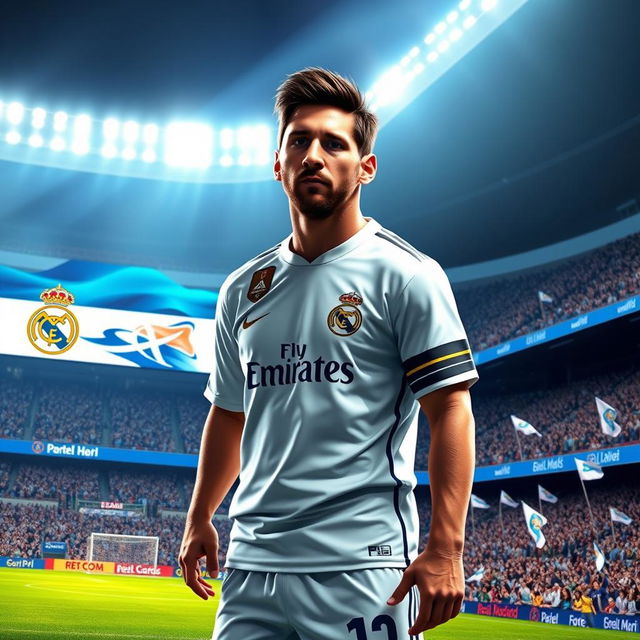 A digital artwork of Lionel Messi wearing a Real Madrid jersey, standing confidently on the pitch during a match