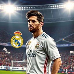 A digital artwork of Lionel Messi wearing a Real Madrid jersey, standing confidently on the pitch during a match