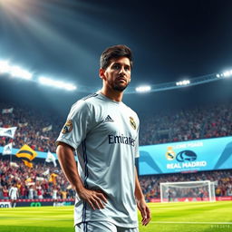 A digital artwork of Lionel Messi wearing a Real Madrid jersey, standing confidently on the pitch during a match