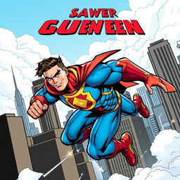 A dynamic comic book cover featuring a powerful superhero in an action pose