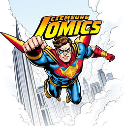A dynamic comic book cover featuring a powerful superhero in an action pose