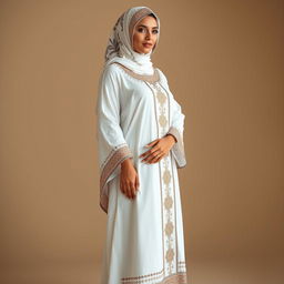 An Arab woman elegantly wearing a long, modest white jalabiya adorned with intricate Yemeni patterns that run vertically from her shoulder down to her feet