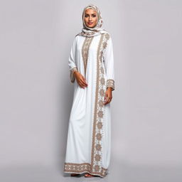 An Arab woman elegantly wearing a long, modest white jalabiya adorned with intricate Yemeni patterns that run vertically from her shoulder down to her feet