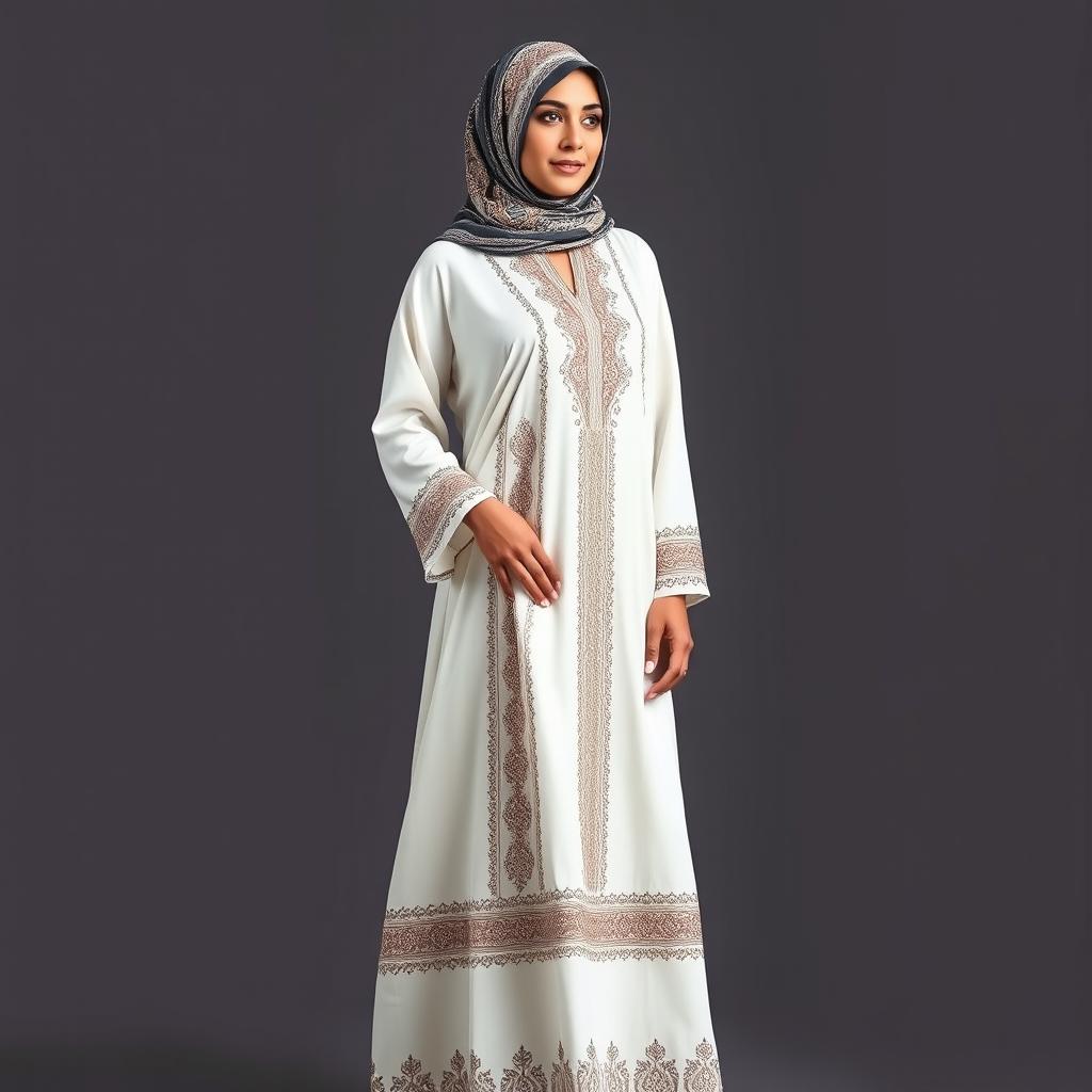 An Arab woman elegantly wearing a long, modest white jalabiya adorned with intricate Yemeni patterns that run vertically from her shoulder down to her feet