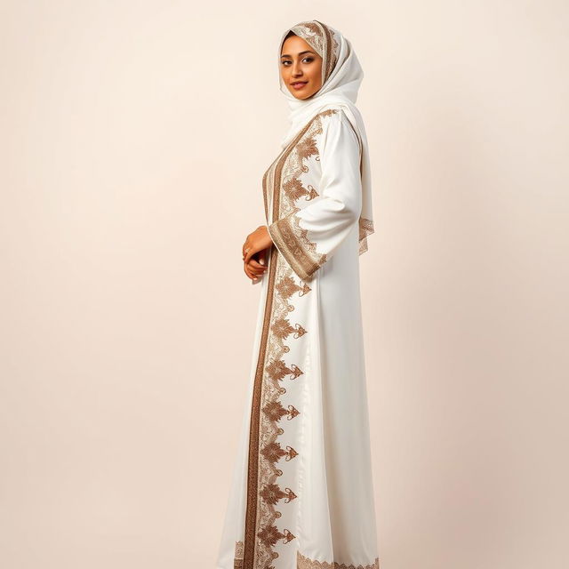 An Arab woman elegantly wearing a long, modest white jalabiya adorned with intricate Yemeni patterns that run vertically from her shoulder down to her feet