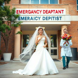 A whimsical scene depicting a bride standing in front of an emergency department, with the architecture of the emergency room styled elegantly to represent a beautiful wedding setting