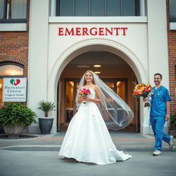 A whimsical scene depicting a bride standing in front of an emergency department, with the architecture of the emergency room styled elegantly to represent a beautiful wedding setting