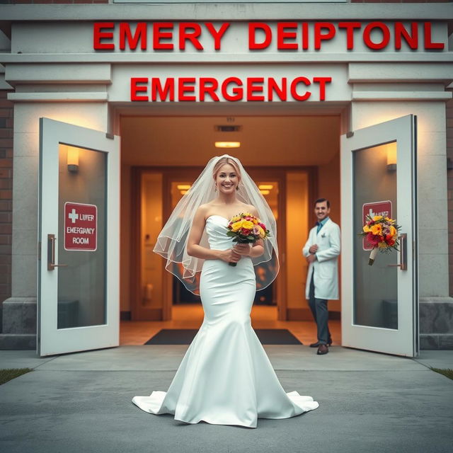 A whimsical scene depicting a bride standing in front of an emergency department, with the architecture of the emergency room styled elegantly to represent a beautiful wedding setting