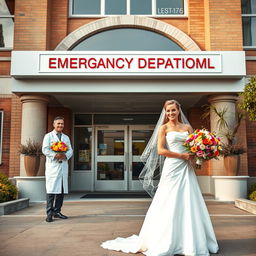 A whimsical scene depicting a bride standing in front of an emergency department, with the architecture of the emergency room styled elegantly to represent a beautiful wedding setting