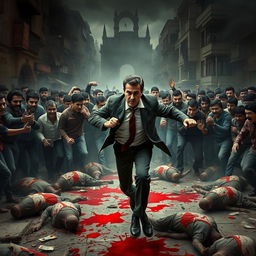 A dramatic scene depicting Bashar al-Assad being chased by a crowd of angry people as he tries to steal money