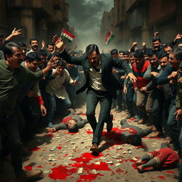 A dramatic scene depicting Bashar al-Assad being chased by a crowd of angry people as he tries to steal money