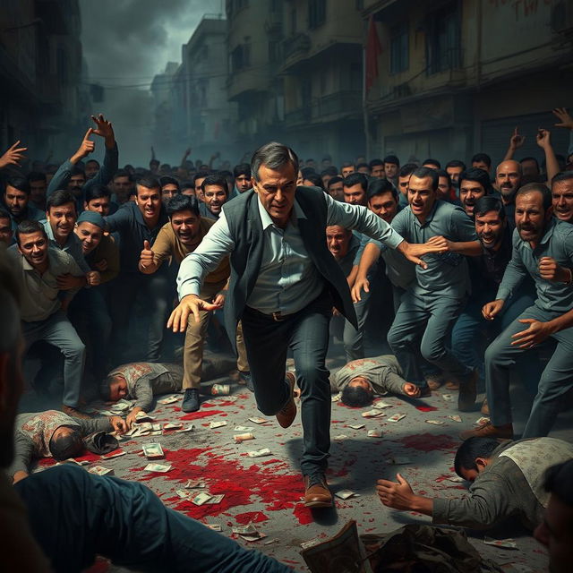 A dramatic scene depicting Bashar al-Assad being chased by a crowd of angry people as he tries to steal money