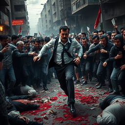 A dramatic scene depicting Bashar al-Assad being chased by a crowd of angry people as he tries to steal money