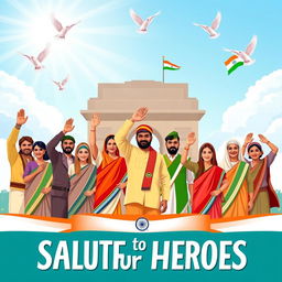 A vibrant and patriotic scene depicting a diverse group of martyrs and freedom fighters standing together, raising their hands in a salute, with a bright blue sky and sun rays shining down