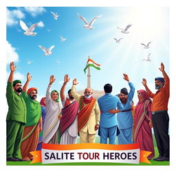 A vibrant and patriotic scene depicting a diverse group of martyrs and freedom fighters standing together, raising their hands in a salute, with a bright blue sky and sun rays shining down