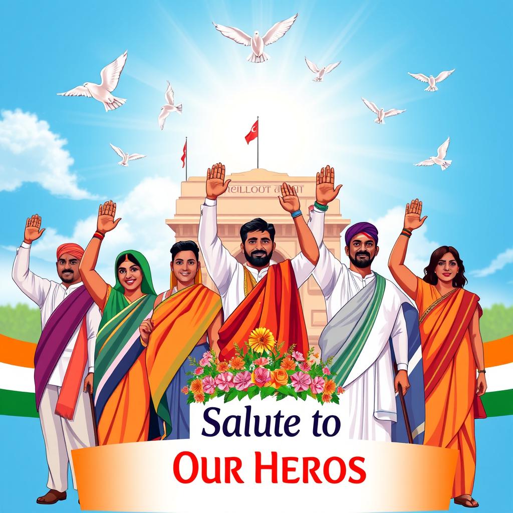 A vibrant and patriotic scene depicting a diverse group of martyrs and freedom fighters standing together, raising their hands in a salute, with a bright blue sky and sun rays shining down