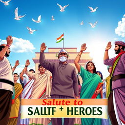 A vibrant and patriotic scene depicting a diverse group of martyrs and freedom fighters standing together, raising their hands in a salute, with a bright blue sky and sun rays shining down