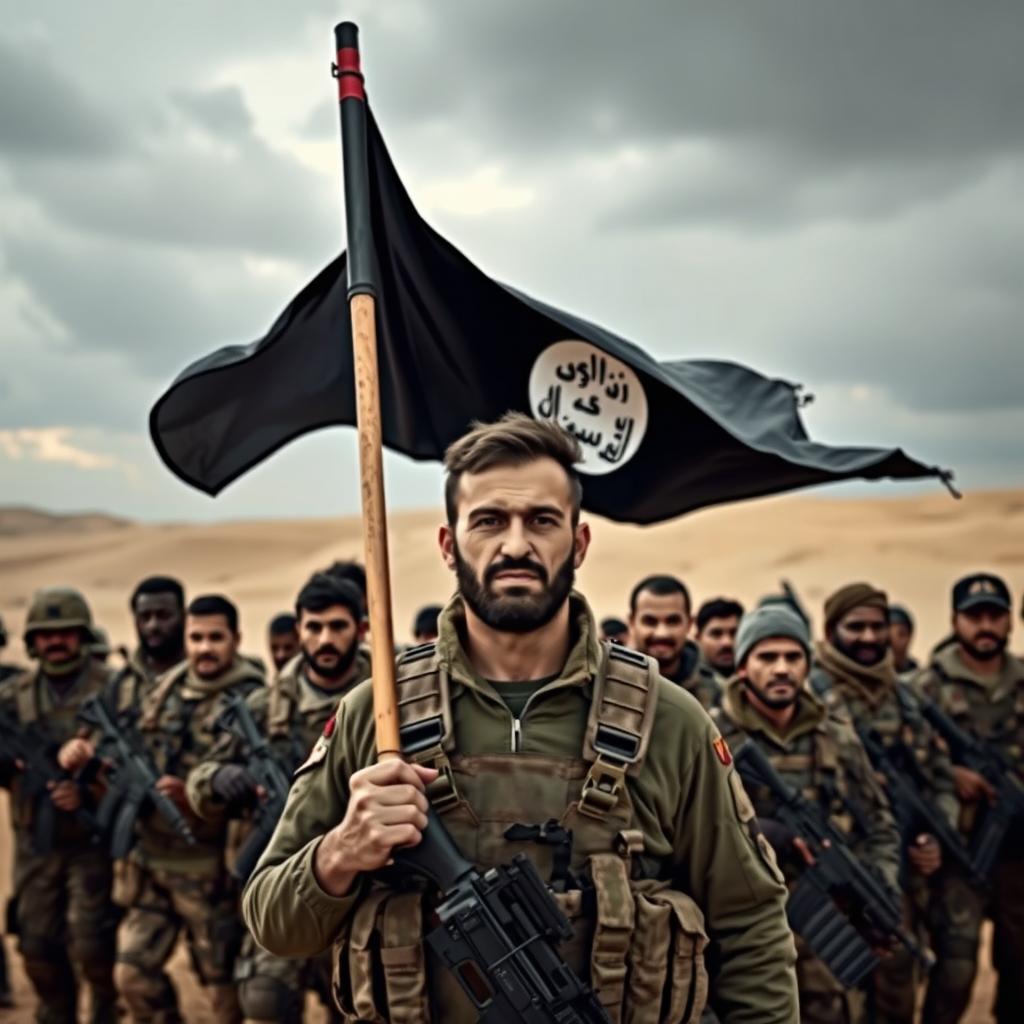 A military scene depicting a man confidently carrying an ISIS flag, surrounded by a diverse and determined group of soldiers in tactical gear