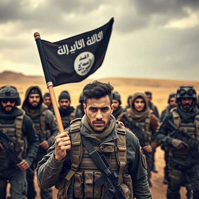 A military scene depicting a man confidently carrying an ISIS flag, surrounded by a diverse and determined group of soldiers in tactical gear