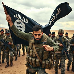 A military scene depicting a man confidently carrying an ISIS flag, surrounded by a diverse and determined group of soldiers in tactical gear