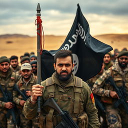 A military scene depicting a man confidently carrying an ISIS flag, surrounded by a diverse and determined group of soldiers in tactical gear