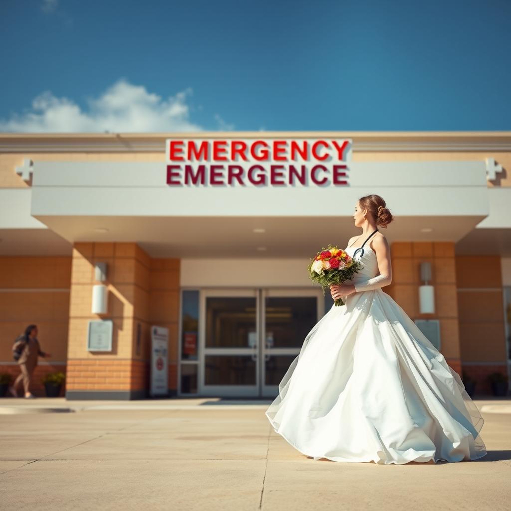 A symbolic representation of an emergency department personified as a bride, elegantly dressed in a wedding gown, standing in front of the hospital's entrance