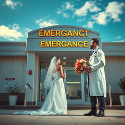 A symbolic representation of an emergency department personified as a bride, elegantly dressed in a wedding gown, standing in front of the hospital's entrance
